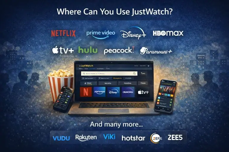 JustWatch supported streaming platforms list showing Netflix, Prime Video and other services